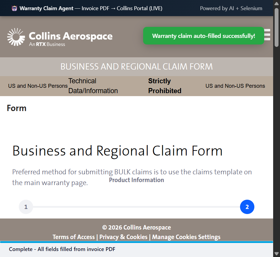 Collins Aerospace warranty claim auto-filled successfully